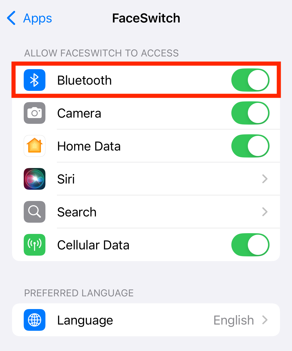 1. Open Settings app, 2. Tap apps (application list), 3. Go to 'FaceSwitch' and enable Bluetooth