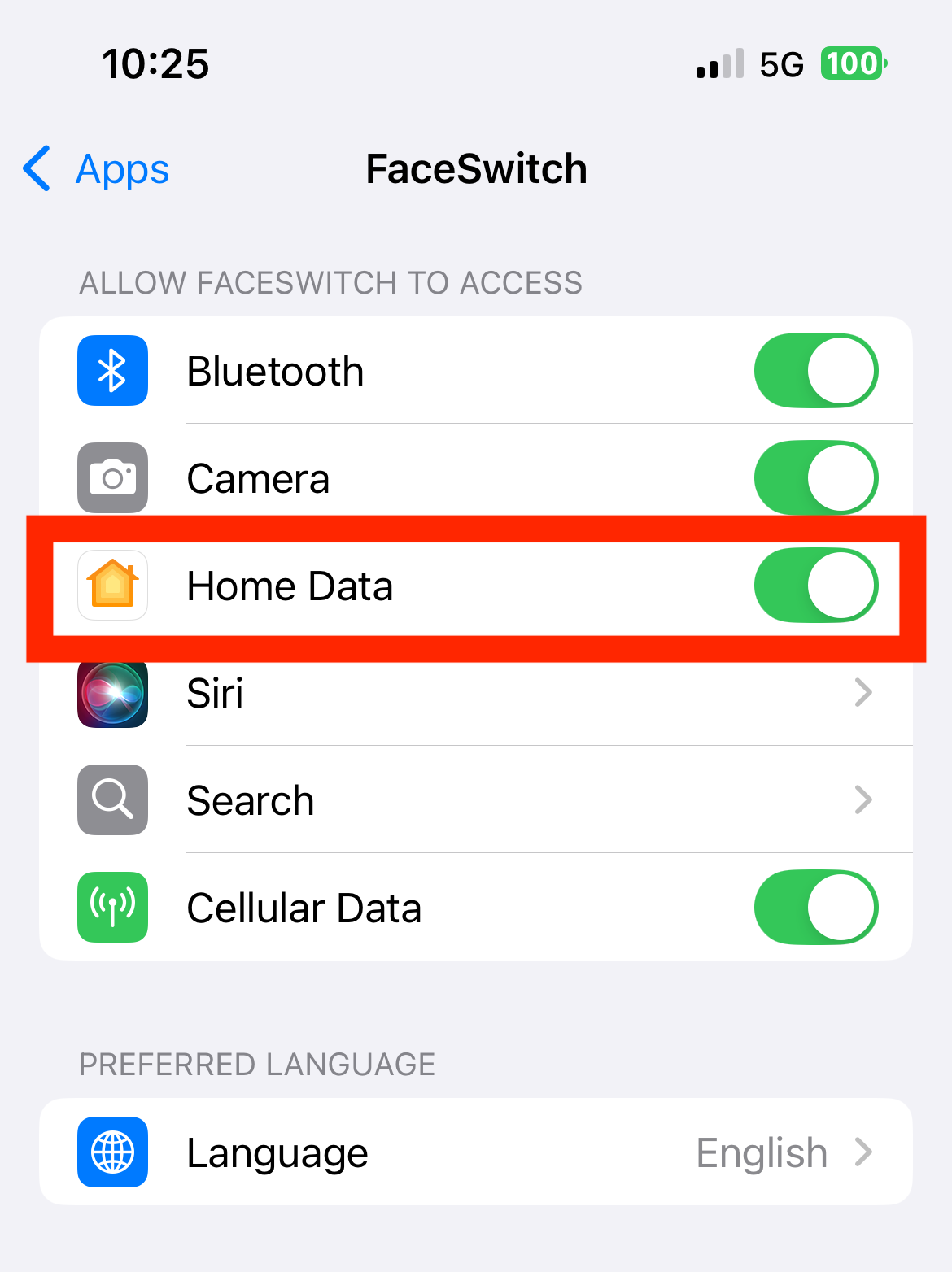 1. Open Settings app, 2. Go to Apps list, 3. In FaceSwitch settings, enable the Home Data switch