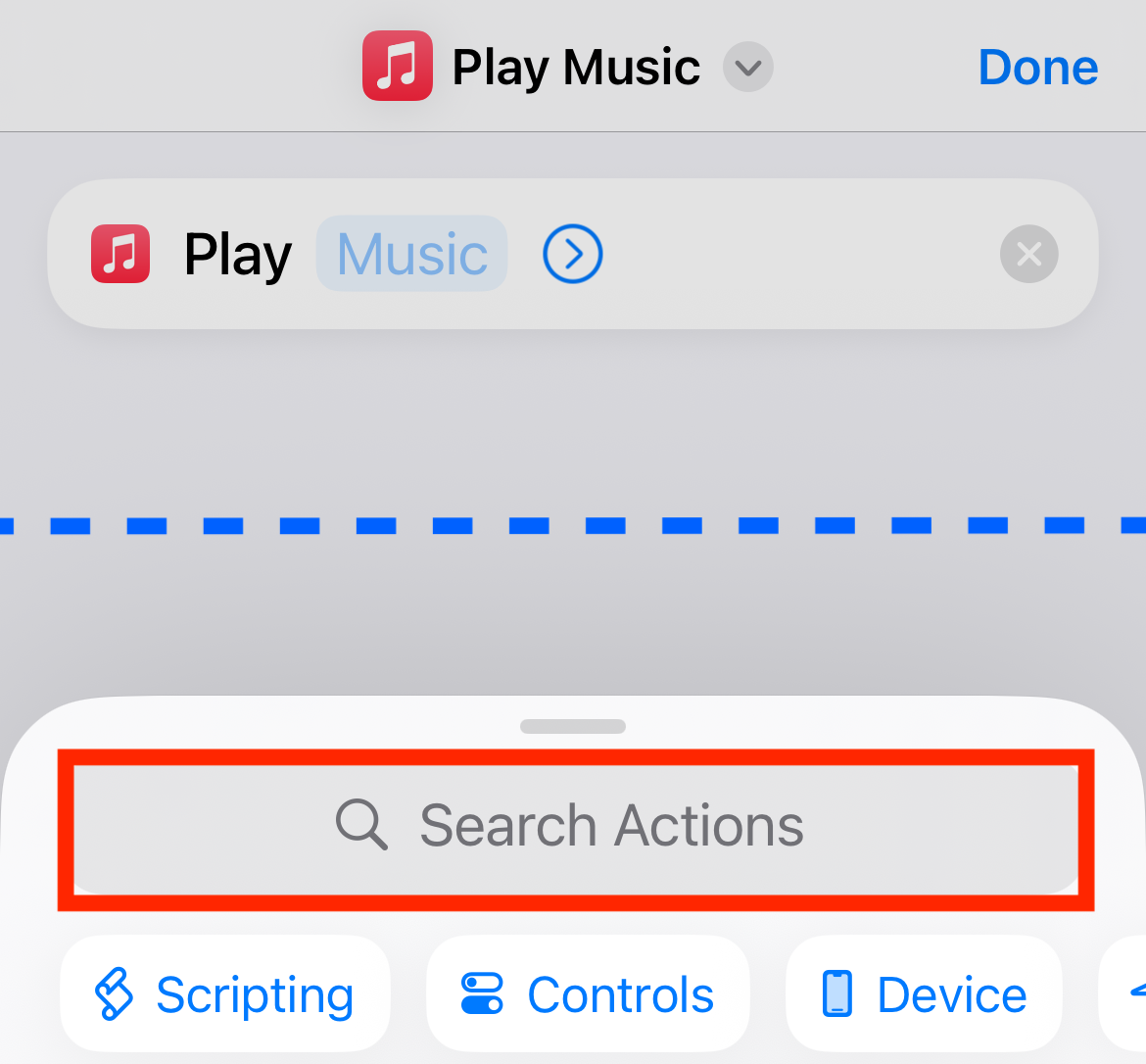 Add the action to return to the app after adding the shortcut actions. Step 1: Open the action selection screen again.